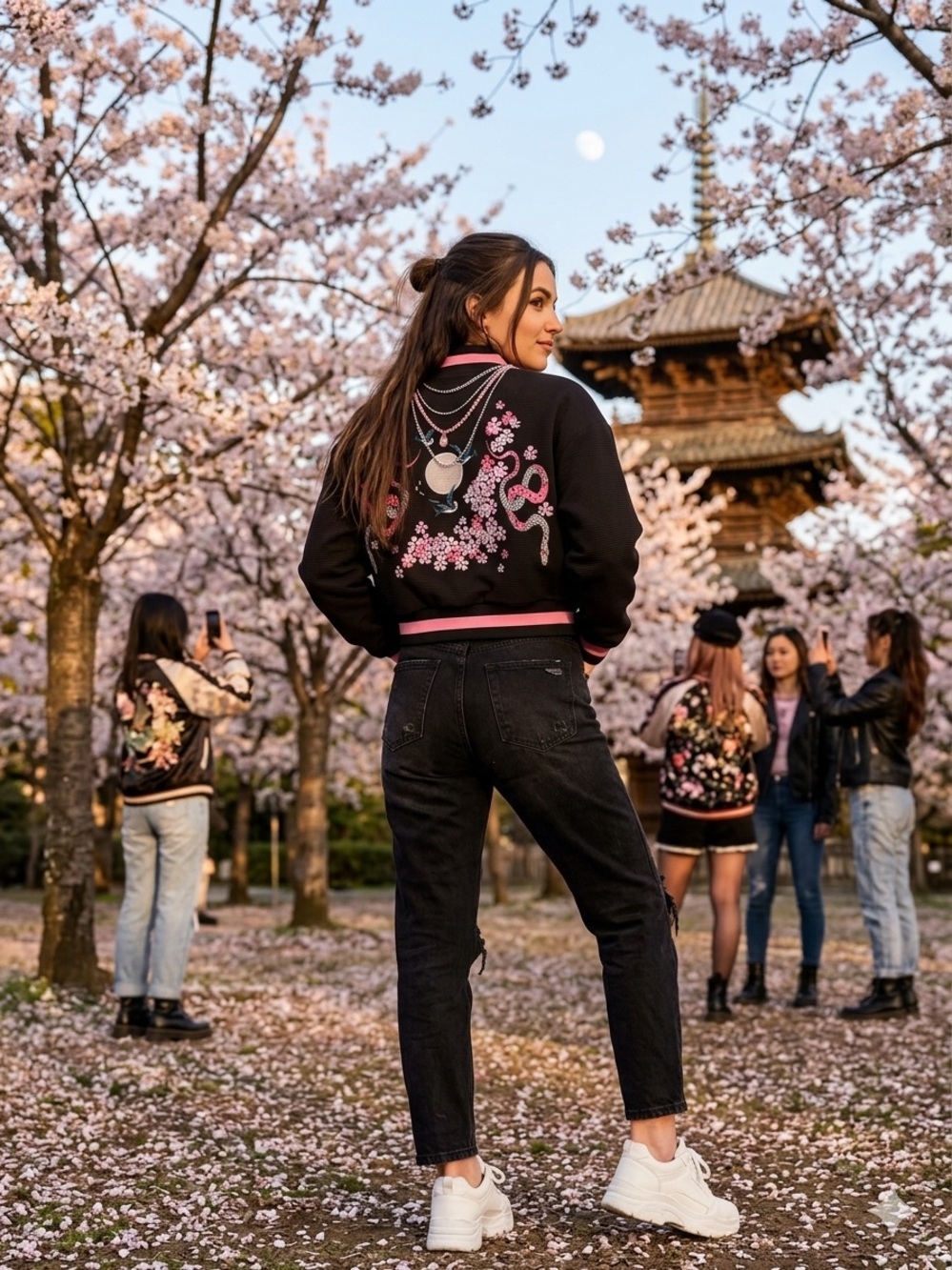 Nasty Gal Black Jacket with Pink Floral Sleeve Embroidery Sz Small NWT